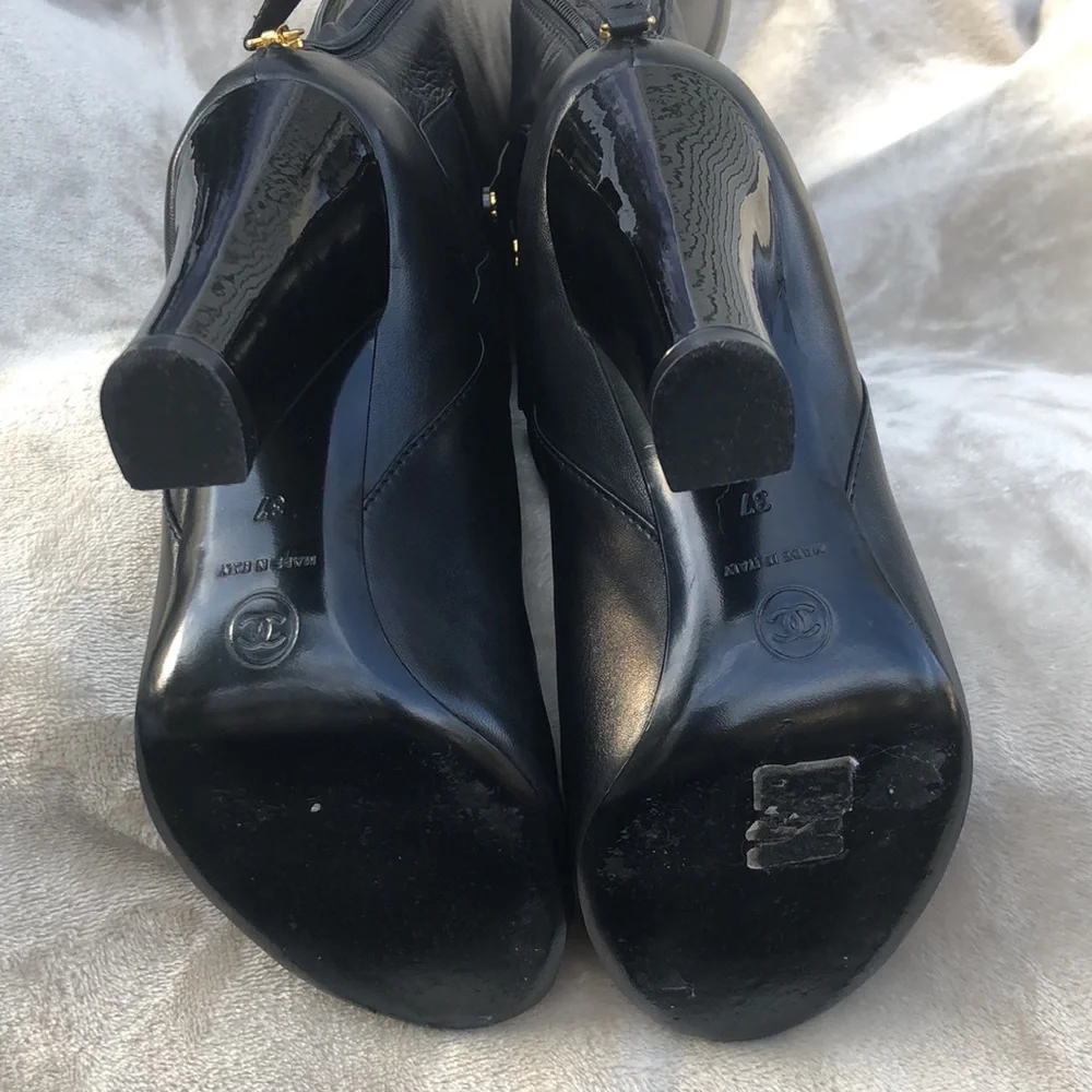 CHANEL Black Leather Tall Boots with Gold Accents - Picture 11 of 16